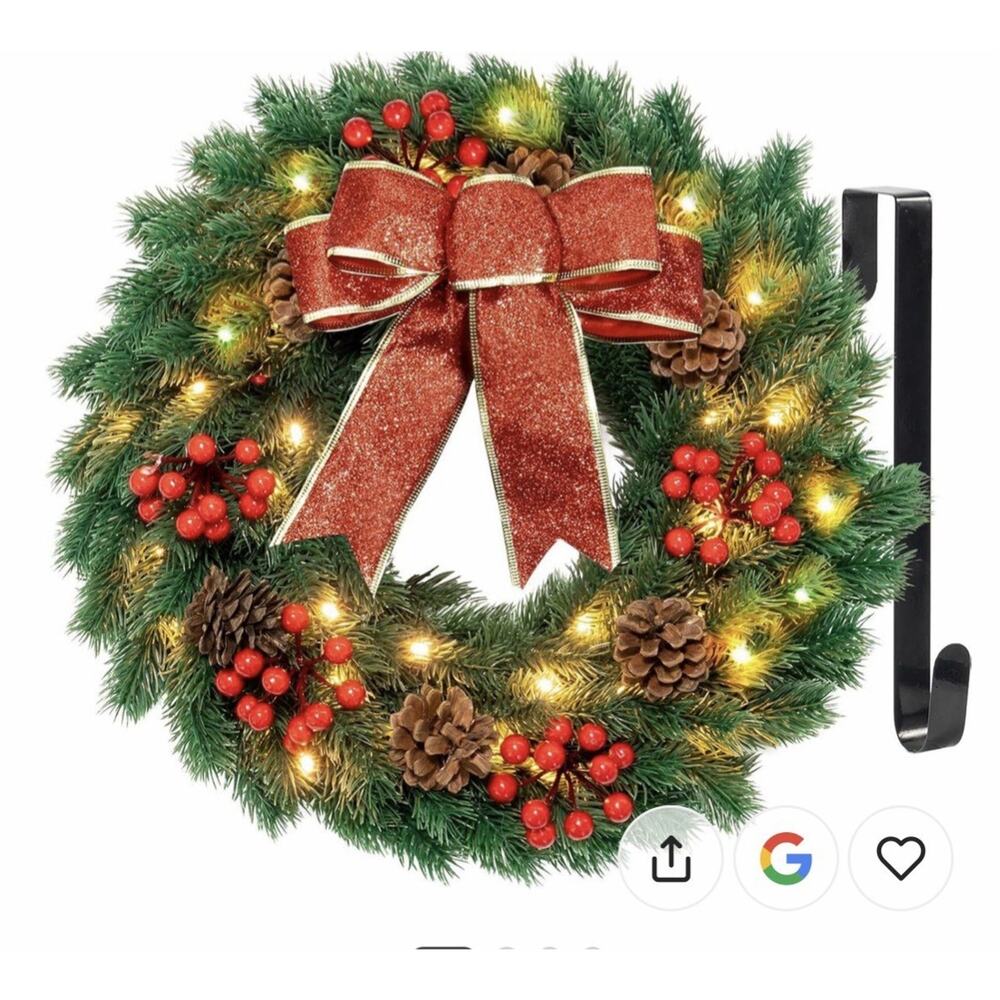 17" Christmas Wreath with 40 LED lights, Hanger/ Remote